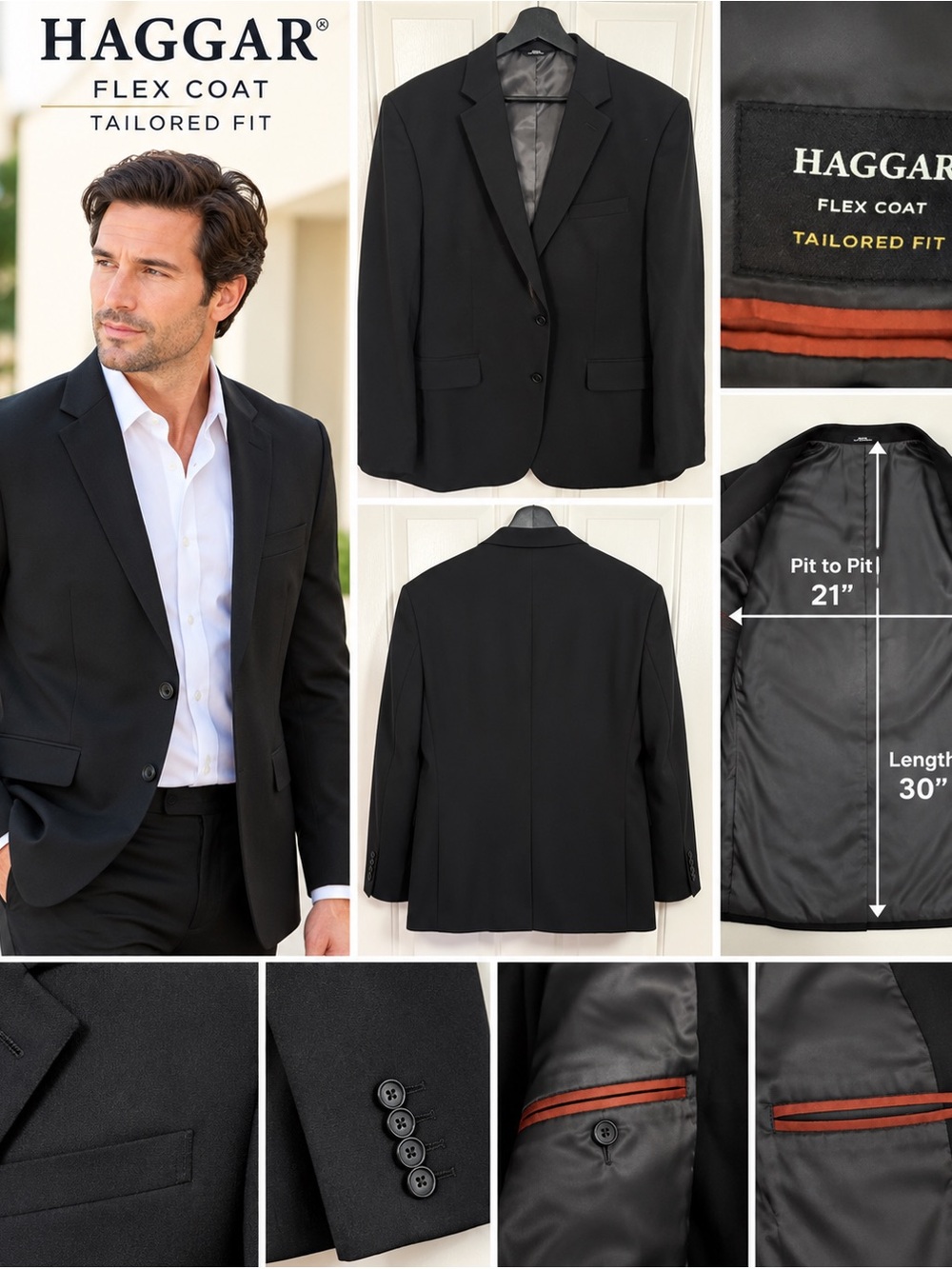 Haggar Flex Coat Tailored Fit Men’s Black Blazer Suit Jacket
